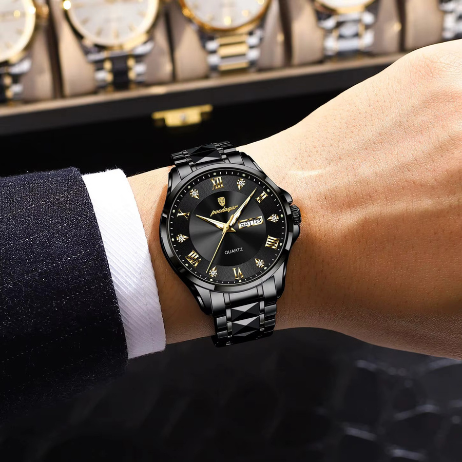 POEDAGAR Armbanduhr Edelstahl, Quarz, Schwarz, Herren - Bild 6