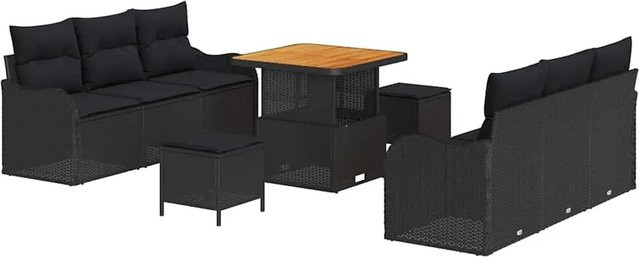 vidaXL 9-teiliges Garten-Sofa-Set in Schwarz aus Poly Rattan und Akazie mit Kissen und Beistelltischen - Bild 1