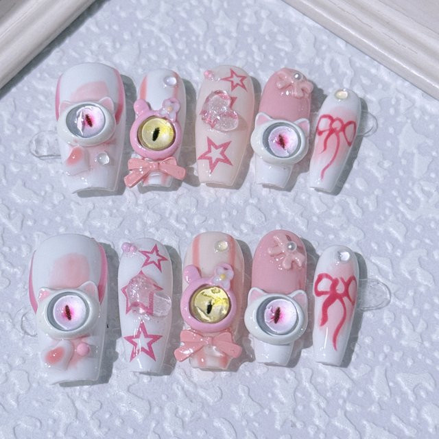Qsezeny Kunstnägel Monster-Design mit Schleife und Sternen, 10 Stück - Bild 1