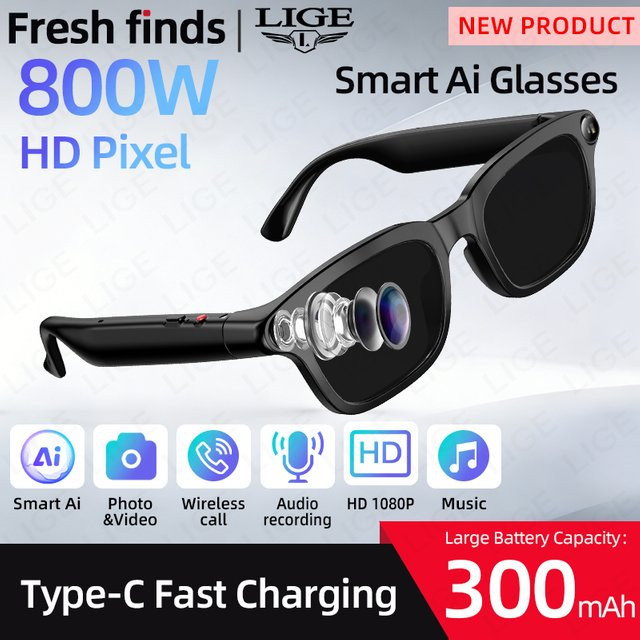 LIGE Smart-Brille mit 8-Millionen-Pixel-Kamera, 1080P Video, Bluetooth-Anruf, Musik und KI-Sprachsteuerung in Schwarz - Bild 1