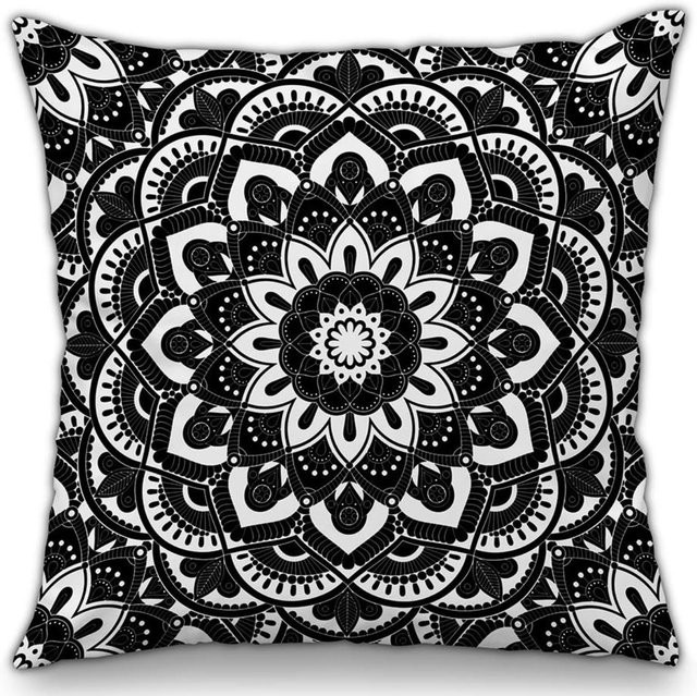 Mandala Kissenbezug im Bohemian Stil, Schwarz-Weiß, Geometrisch Floral, B/B/H: 18 x 18 x 18 cm - Bild 1