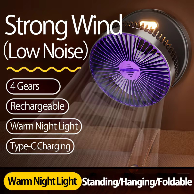 HAOYUNMA 2-in-1 Tisch- und Wandventilator mit 4 Geschwindigkeitsstufen, faltbar, wiederaufladbar mit warmem Licht, leise, Grau oder Lila - Bild 2