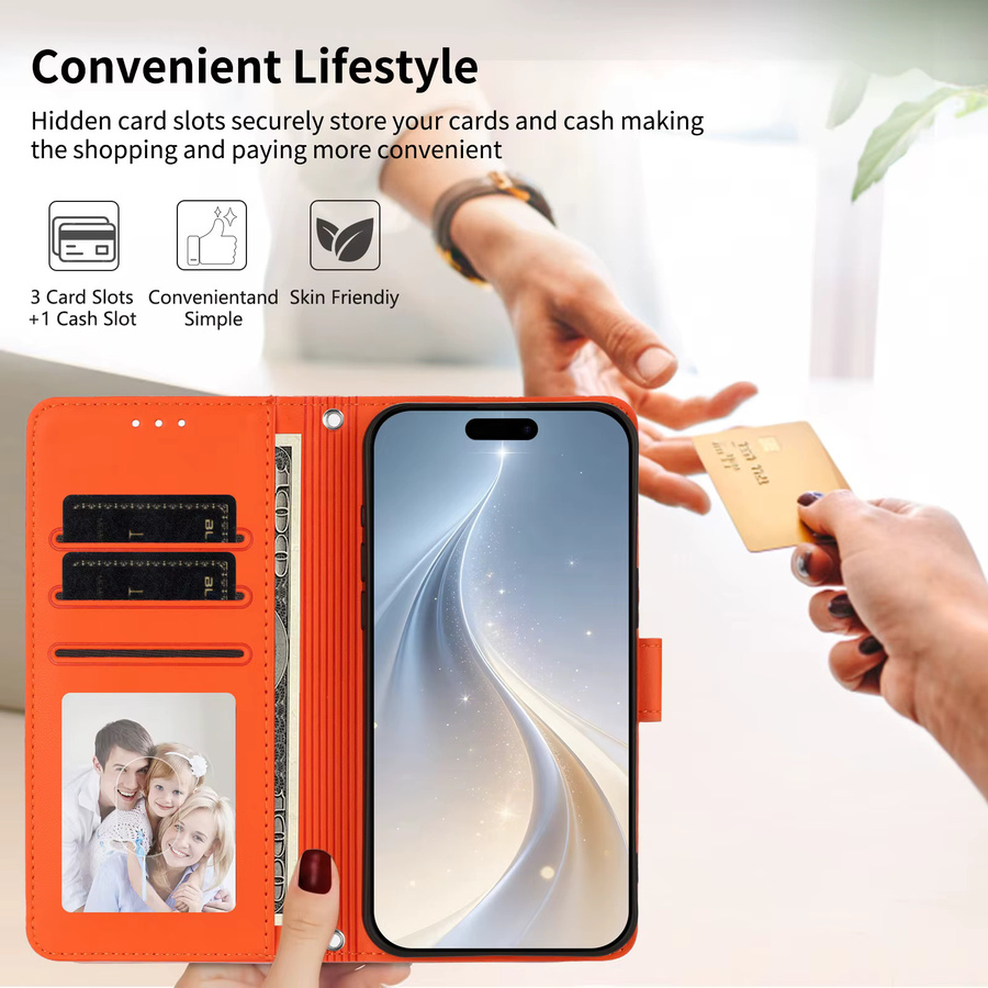 Modische PU-Leder Handyhülle mit Reißverschluss, Handgelenkschlaufe und Kartenfach für Realme Note 80 4G, 16 Pro Plus und P4 Power 5G in Schwarz und Orange - Bild 5