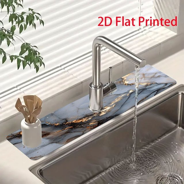 VIKAMA Wasserfiltermatte für Küche und Badezimmer, rutschfest und leicht zu reinigen, Blaugrau mit goldenem Marmor-Design - Bild 1