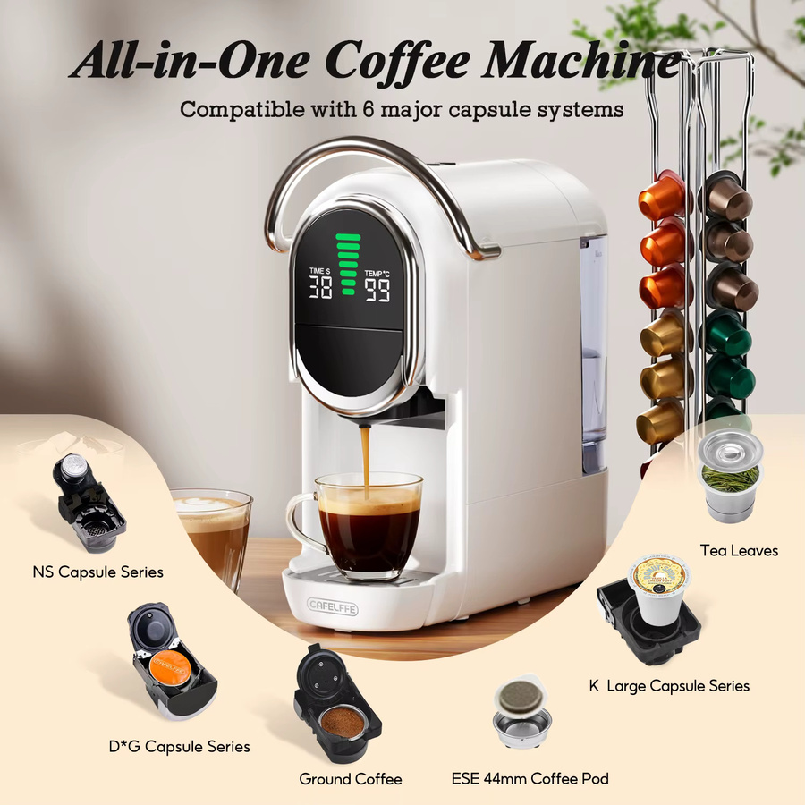 CAFELFFE MK-609S Upgrade 6-in-1 Kapsel-Kaffeemaschine in Schwarz mit automatischer Druckentlastung, Temperaturanpassung und 7-stufiger Kaffeevolumenregelung für Kapseln, ESE 44mm Pads und Teeblätter - Bild 4