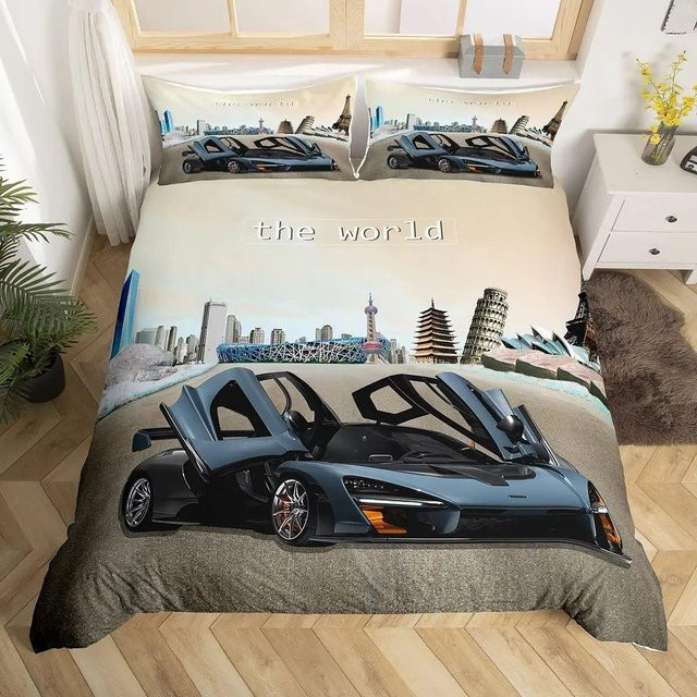 Flylo 3D-Rennwagen-Bettwäscheset mit Kissenbezügen, Blau, B/H: 180 x 210 cm - Bild 1