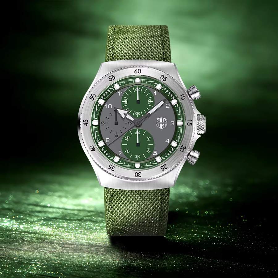 RollsTimi Chronograph, Quarz, Edelstahl, Saphirglas, Textil, Herren, Grün - Bild 2