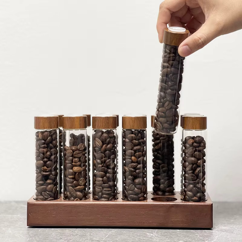 Kisshome Kaffeebohnen-Aufbewahrungsbehälter aus Glas mit Walnuss-Präsentationsständer und atmungsaktivem Deckel, transparent - Bild 2
