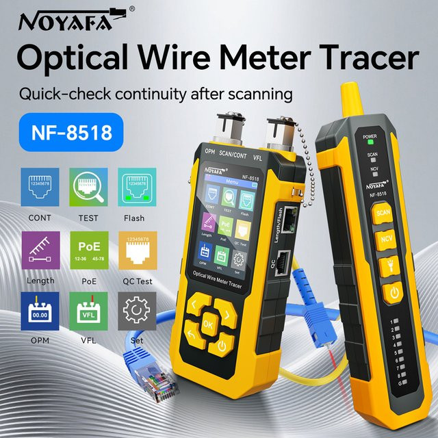 NOYAFA NF-8518 Kabeltester mit LCD-Display, Längenmessung 5m-350m, Wiremap-Tester, PoE, VFL und optischem Leistungsmessgerät in Gelb - Bild 1