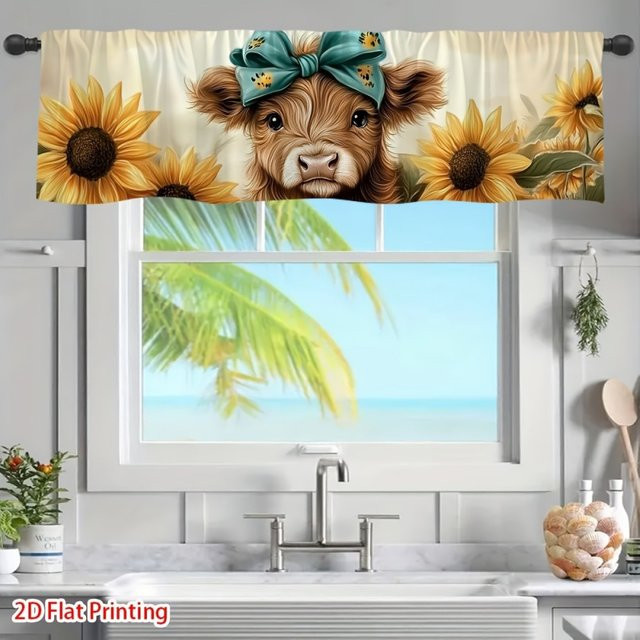 VIKAMA Halbtransparente Vorhänge im Landhausstil mit Kuh- und Sonnenblumenmotiv, Mehrfarbig - Bild 1