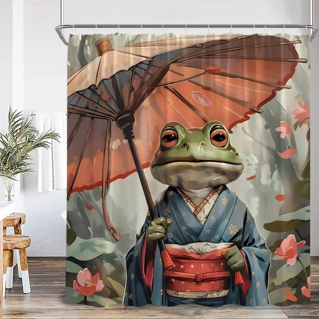 Baifenbai Home Furnishing Duschvorhang im japanischen Stil mit Frosch, Meereswellen und Kirschblüten, Mehrfarbig, Breite: 90 cm, Höhe: 180 cm - Bild 1