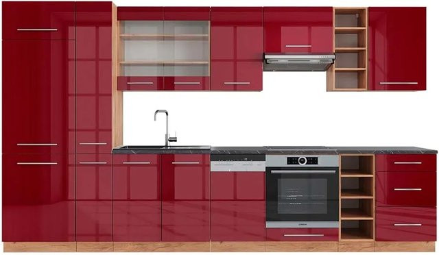 Vicco Fame-Line Küchenzeile Bordeaux Hochglanz und Goldkraft Eiche, Farbe Anthrazit, Breite: 355 cm - Bild 1