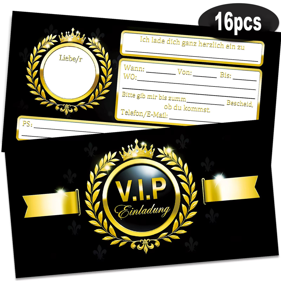 16-teiliges Set elegante VIP-Einladungskarten in Schwarz und Gold im Laurel Sickens-Design für junge Erwachsene - Bild 4