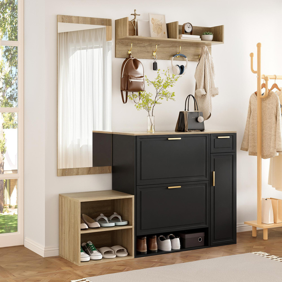 4-teiliges Garderoben-Set RN Store in Schwarz mit Schuhschrank, Sitzbank, Wandgarderobe und Spiegel, B/T/H: 130 x 30 x 174 cm - Bild 2