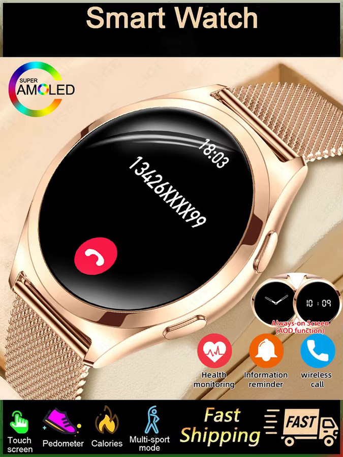 LIGE Smartwatch, 1,27 Zoll AMOLED, Damen, Schwarz, Roségold, Milanaise - Bild 6