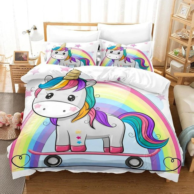 Cartoon Einhorn Bettbezug Set für Kinder in Rosa und Blau mit Reißverschluss, B/H: 135 x 200 cm - Bild 1