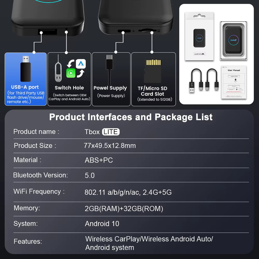 CarlinKit Android TV Box Lite CarPlay AI Box für OEM-Autos 3-in-1 Kabelloses CarPlay und Android Auto Multimedia-Streaming-Box in Schwarz mit 2G+32G - Bild 6