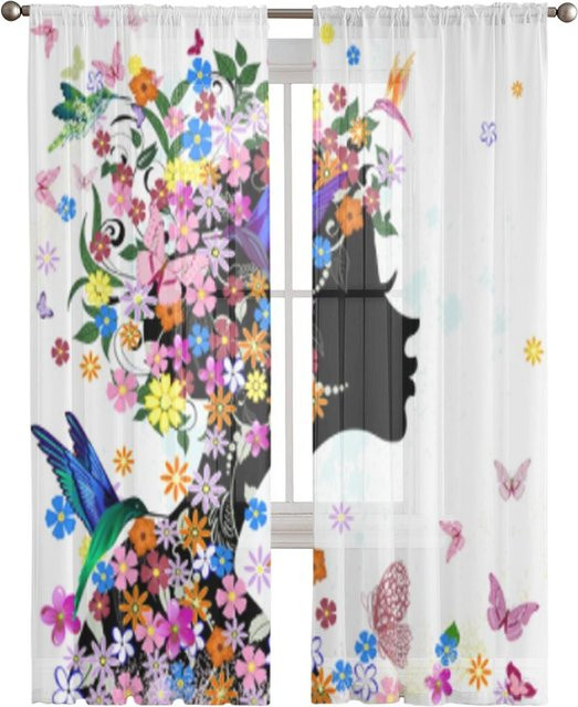 Yiran Furniture Transparentes Chiffon-Voile-Vorhang Set mit Schmetterlings-Fee-Motiv in Rosa und Weiß, Breite: 50 cm, Höhe: 130 cm, 2 Stück - Bild 1
