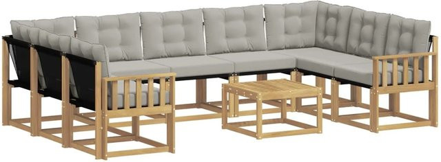 vidaXL Outdoor-Sofagarnitur in L-Form aus massivem Akazienholz mit 10 Kissen in Weiß und Hellgrau - Bild 1