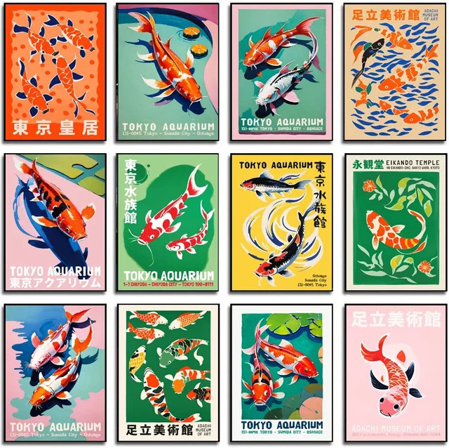 Potdemiel Retro Abstrakte Koi Fisch Leinwandmalerei Japanisches Aquarium Wanddekoration Mehrfarbig - Bild 1
