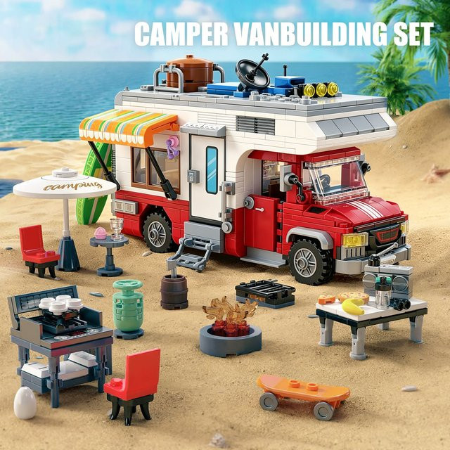 CONUSEA Urlaubs-Campingbus-Bausatz, Wohnmobil-Modell, mit LED-Beleuchtung und Outdoor-Grillzubehör - Bild 1