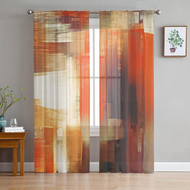 Your Warm Home Transparente Tüll-Vorhänge mit braunem abstrakten Grafikmuster, Handbemalt, B: 135 cm, H: 160 cm - Bild 1