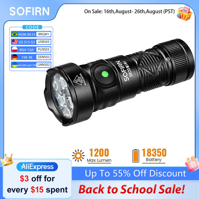SOFIRN SR20 MINI Taschenlampe Schwarz mit 1200lm, USB-C, IP68 Wasserdicht und roter LED-Taste - Bild 1