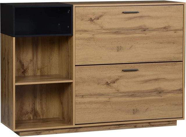 Merax Schuhschrank modern mit Klappfächern und offenen Regalen, B/T/H: 120 x 32 x 84,5 cm, MDF, Schwarz/Beige/Braun - Bild 1