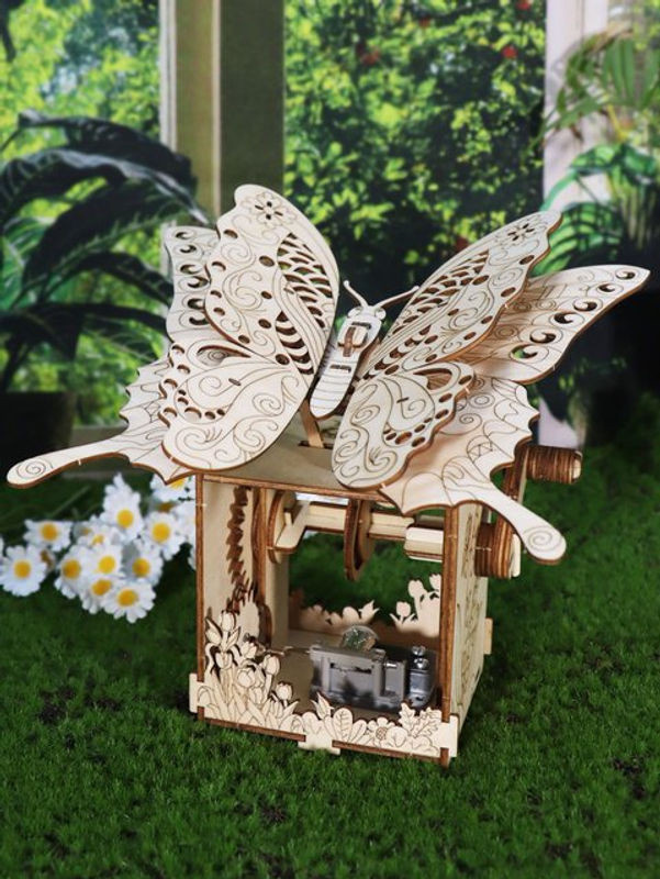Handgefertigtes 3D-Holzpuzzle von Music Park als Schmetterling-Spieluhr mit You Are My Sunshine Motiv in Beige - Bild 1