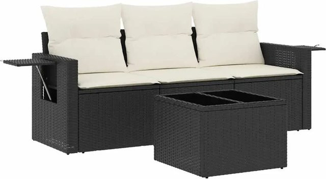 vidaXL 4-teilige Garten-Sofagarnitur aus Poly-Rattan mit Kissen in Schwarz und Cremeweiß - Bild 1