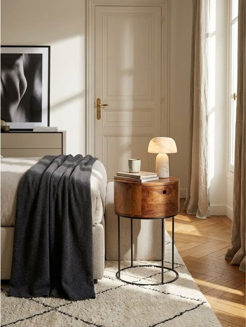KADIMA DESIGN Nachttisch aus Mango Massivholz und Metall in Braun, Rund mit Schublade, B/T/H: 40 x 40 x 60 cm - Bild 1