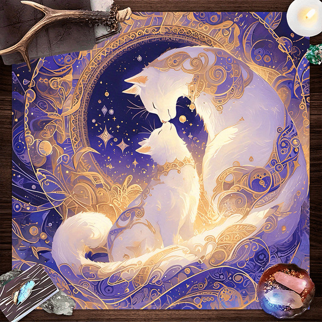 VIKAMA Dream Star Cat Tischdecke mit Katzen und Sternenhimmel in Gold und Blau im Boho-Stil - Bild 1