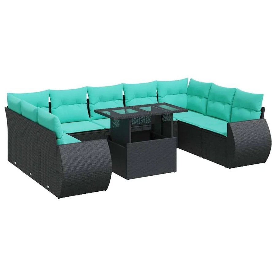vidaXL 10-teilige Garten-Sofagarnitur aus Poly-Rattan mit Kissen in Schwarz und Blau - Bild 2
