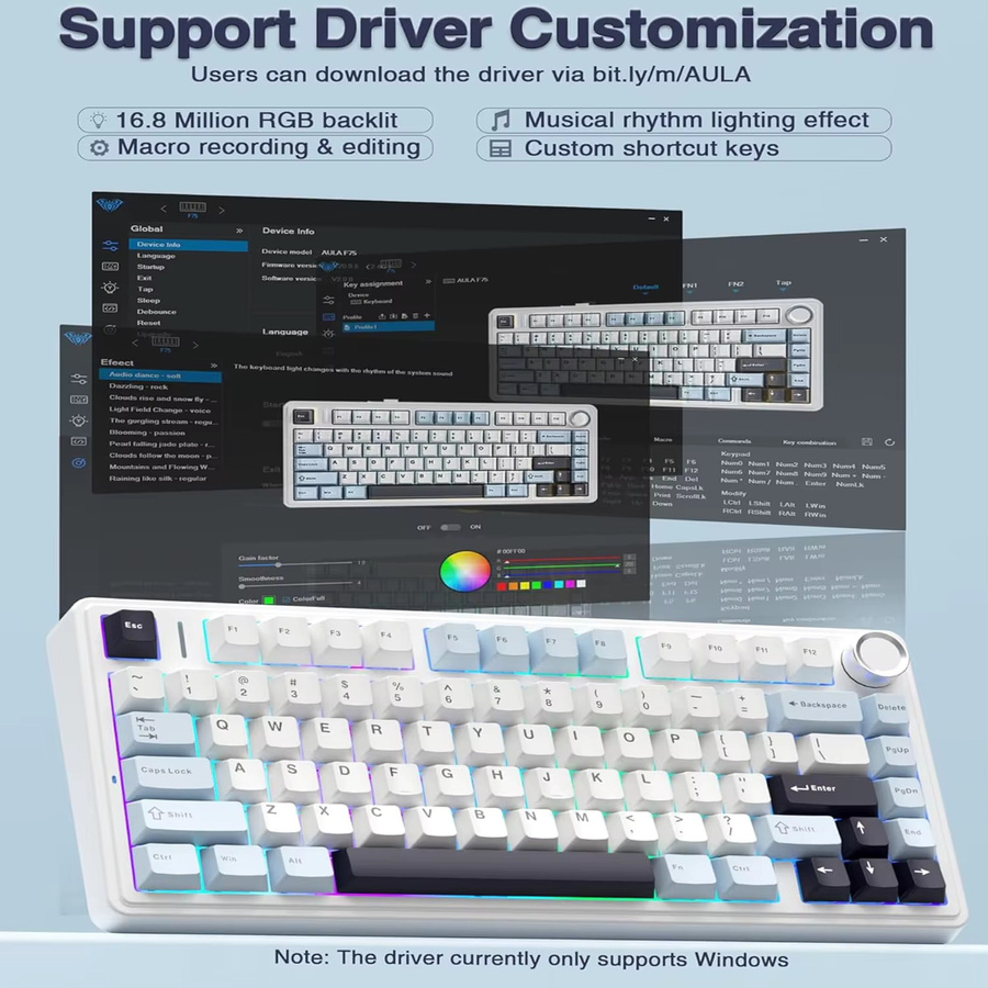 AULA F75 Mechanische Gaming-Tastatur mit Silent Axis und RGB, 75 % Layout, Wireless Bluetooth oder Kabelgebunden, Weiß - Bild 2