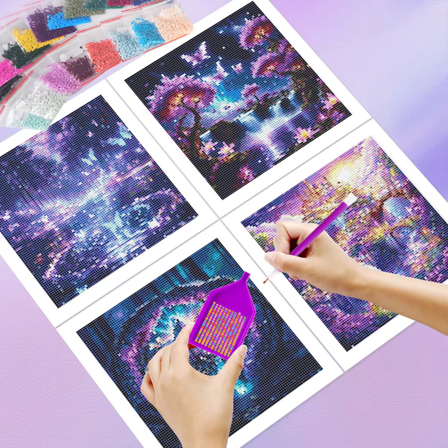 HUACAN 4er Set Diamantmalerei Kits mit Fantasie Landschaft, Schmetterling, Berg und Haus in Multicolour, Vollrunde Bohrer für deine Wohnkultur - Bild 2