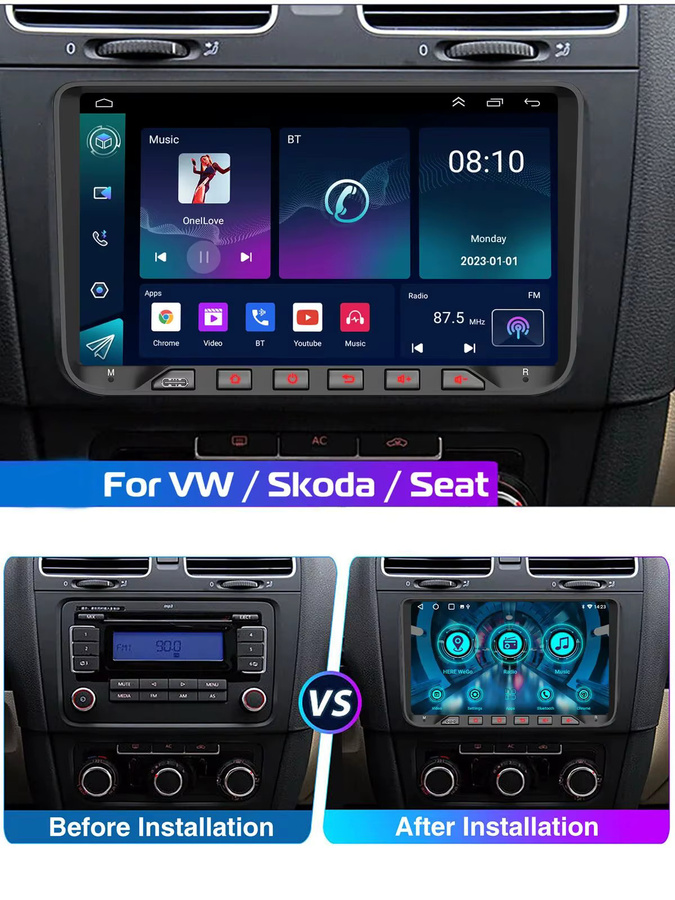ESSGOO 9-Zoll Android 15 Autoradio mit 64G Speicher, Wireless Carplay, GPS und Bluetooth in Schwarz für VW Golf MK5, Passat, Polo, Touran, Caddy, EOS, Jetta sowie Seat und Skoda - Bild 7