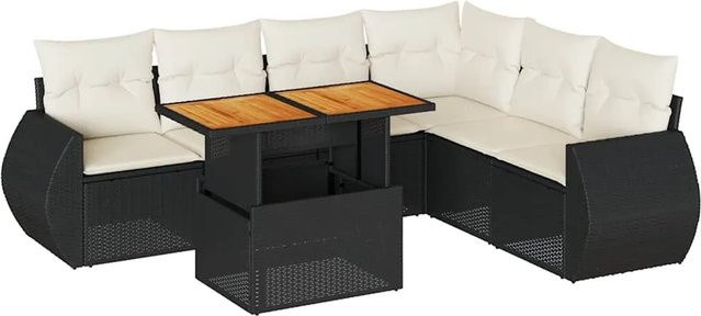 vidaXL 7-teilige Garten-Sofagarnitur in L-Form aus Polyrattan und Akazienholz mit Kissen in Schwarz und Cremeweiß - Bild 1