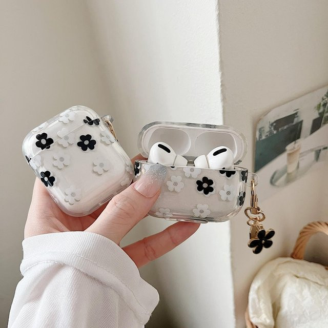Schwarze Blumen Schutzhülle für Apple AirPods Pro 2 und AirPods 1/2/3 Generation, transparente weiche Hülle mit Schlüsselanhänger - Bild 1