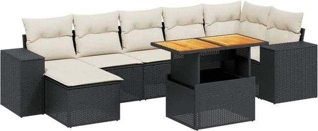 vidaXL 8-teilige Garten-Sofagarnitur aus Poly-Rattan und Akazienholz in Schwarz-Creme mit Kissen - Bild 1