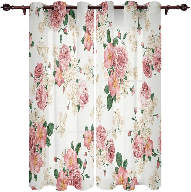Super Six Fenstervorhang Rosa mit Rosenmuster, semi-transparentes Stoff-Panel für Wohnzimmer, Schlafzimmer oder Küche, Breite: 135 cm, Höhe: 160 cm - Bild 1