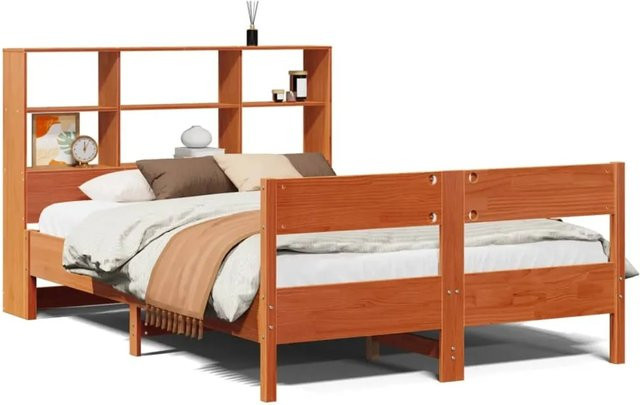 vidaXL Massivholzbett aus Kiefernholz mit Regal in Braun, B/T/H: 135 x 190 x 110 cm - Bild 1