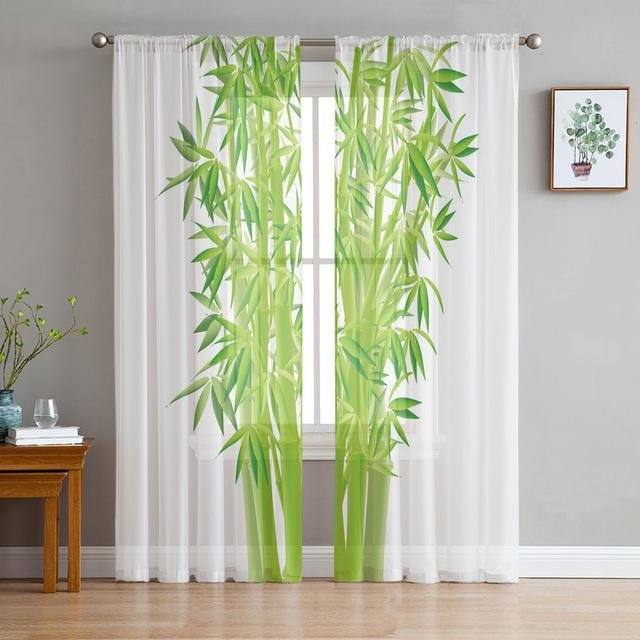 Transparente Tüll-Vorhänge mit grünem Bambusblatt-Design von A Family Of Home Textiles, 2er-Set, B/H: 135 x 137 cm - Bild 1