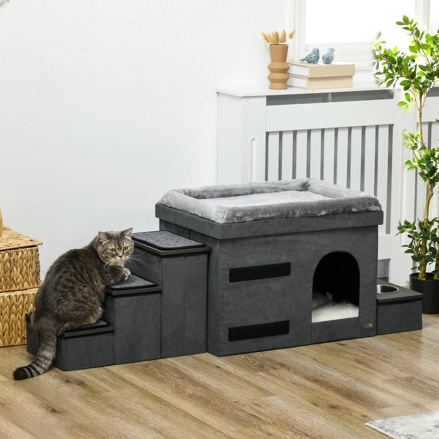 PawHut Katzenhöhle mit Treppe und 2 Edelstahlnäpfen in Grau, B/H/T: 50 x 70 x 51,5 cm - Bild 3
