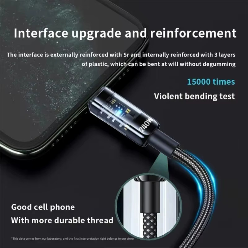 240W USB-C zu USB-C Schnellladekabel aus Nylon mit LED-Digitalanzeige in Schwarz für Samsung, Xiaomi, Huawei und OPPO Quick Charge 3.0 Datenkabel - Bild 4