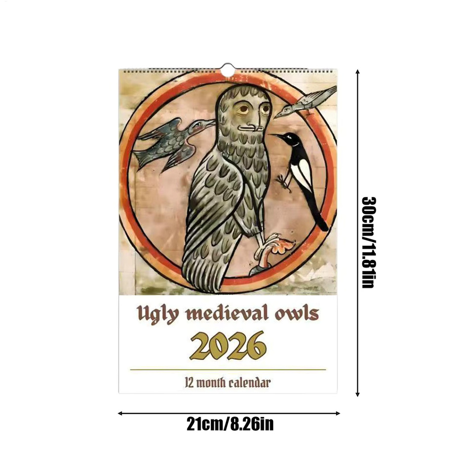 Wandkalender 2026 mit mittelalterlichen Eulen Motiven, monatlicher Zeitplaner in Mehrfarbig - Bild 5