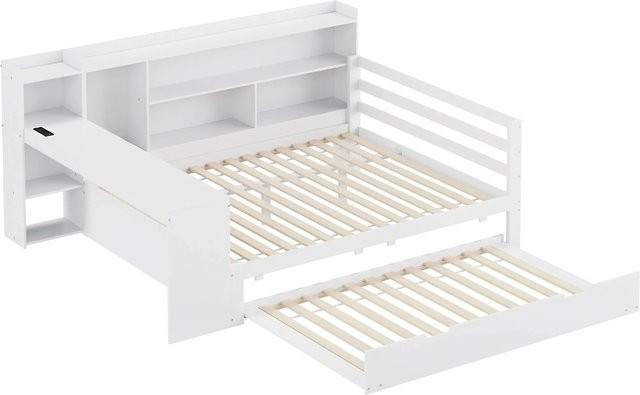 Merax Schlafsofa aus Massivholz mit USB-Anschluss und Ablage in Weiß - Bild 1