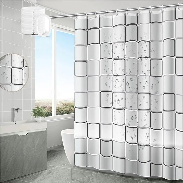 Wasserdichter und schimmelresistenter Duschvorhang aus PEVA in Weiß mit modernem Grafikdruck und Haken, B/H: 150 x 180 cm - Bild 1