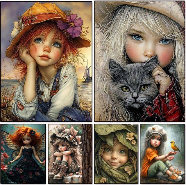 Diamant-Gemälde DIY Set mit Cartoon-Mädchen, Katze und Vogel als Mosaik-Kunstwerk für deine Heimdekoration von Potdemiel - Bild 1