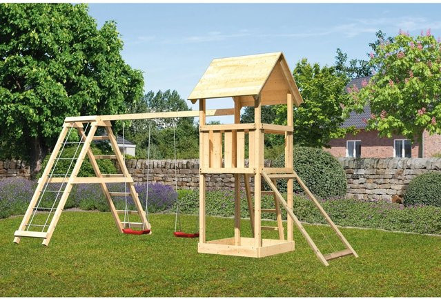 Karibu Spielturm Lotti mit Doppelschaukelklettergerüst und Netzrampe - Bild 1