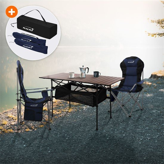 HAUKI Camping Set 3-teilig mit Klapptisch Braun und 2 Campingstühlen Blau - Bild 1